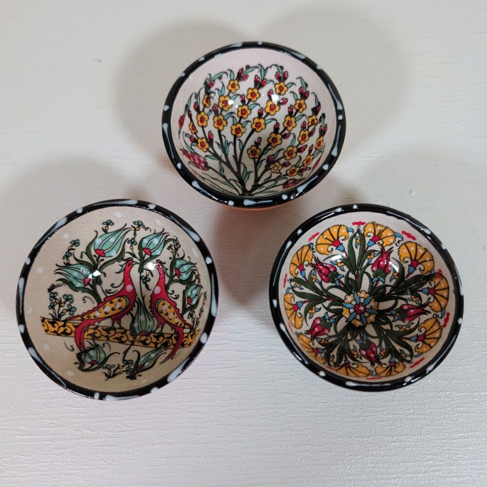 3 Nakkas Hand Painted Turkish Ceramic Dipping Bowls Vibrant Floral Bird Designs